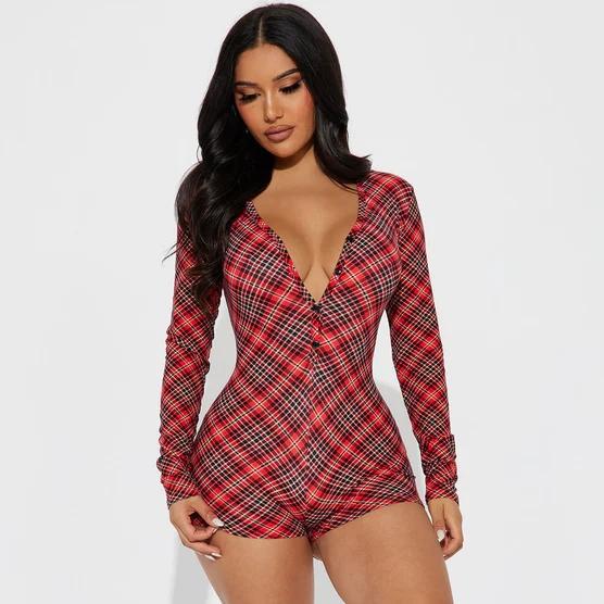 Women Clothing Christmas Printed Checks V neck Long Sleeve Romper Featured Festive Women Jumpsuit