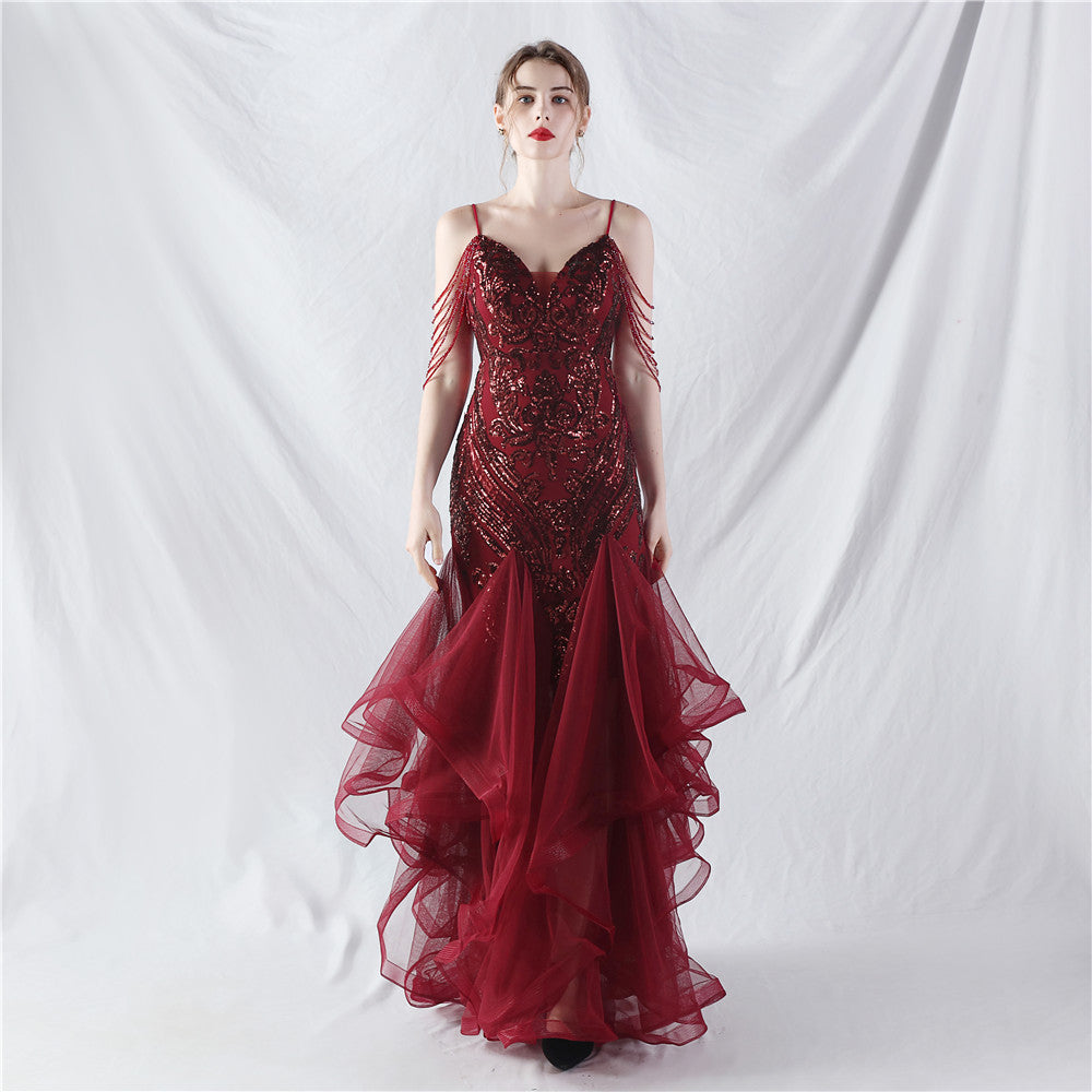 Craft Beads Hard Net Positioning Floral Sequin Stitching Mesh Dance Celebration Performance Dress Burgundy