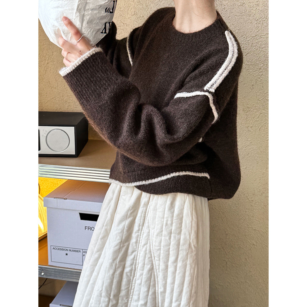 Idle Contrast Color Irregular Asymmetric Hem Sweater Women Autumn Winter Loose Casual Anti Aging Top One Size Deep Coffee