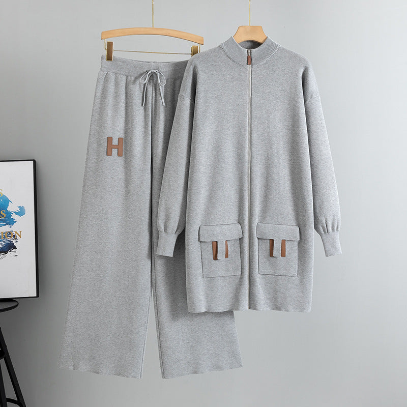 Simple Graceful Casual Mid Length Knitted Cardigan Two Piece Pants Women Spring Autumn One Size Gray