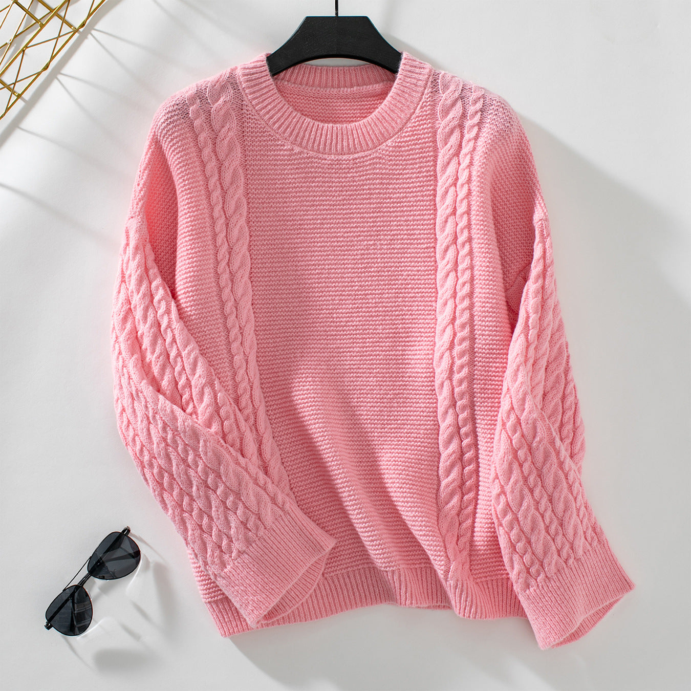 Autumn Winter Women Sweater Casual Cable Knit Sweater Solid Color Pullover Sweater Women Pink