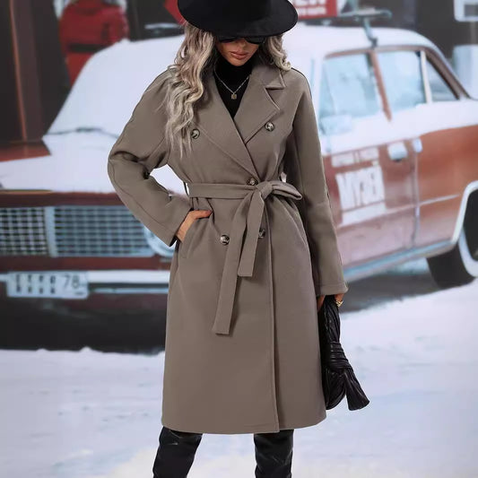 Autumn Winter Collar Woolen Double Breasted Lace up Overcoat Coat for Women