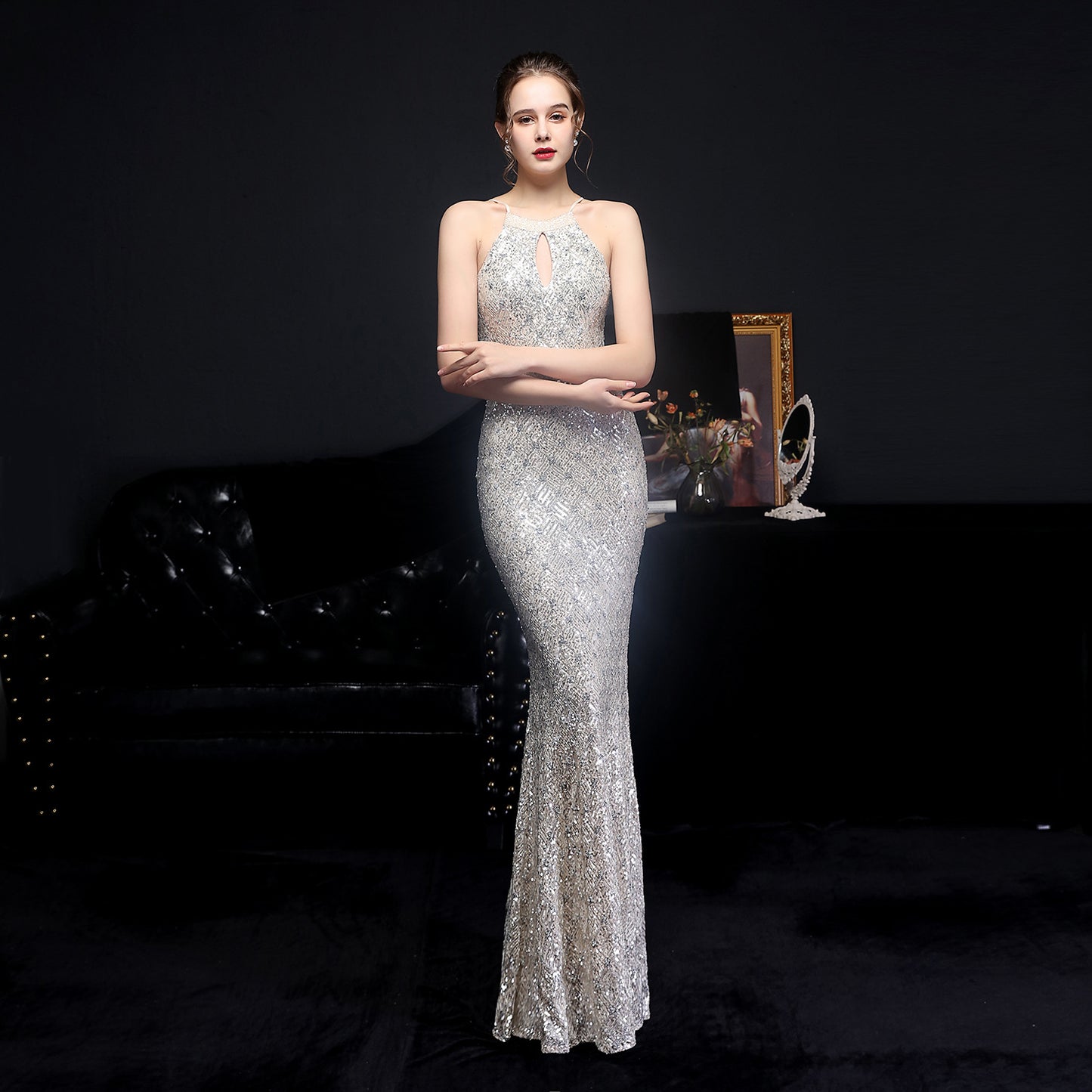 Cocktail Elegant Long Halter Set Diamond Sequined Aura Queen Fishtail Evening Dress Apricot silver