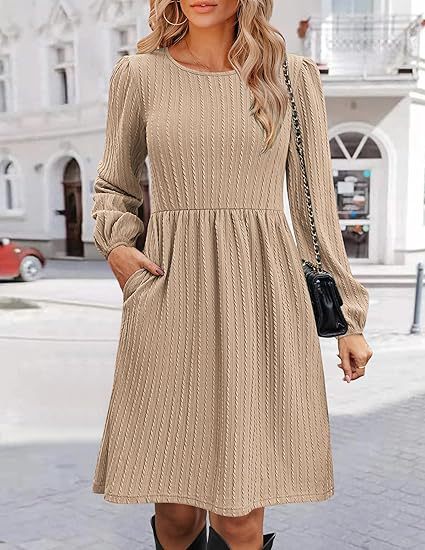 Women Clothing Round Neck Pocket Knitted Sweater Long Sleeve A Line Dress Apricot