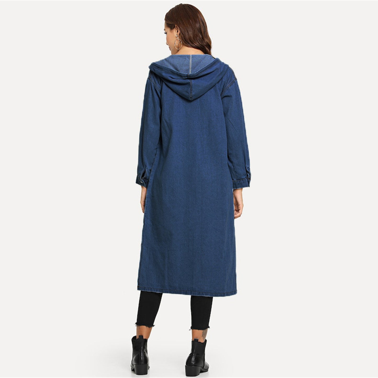 Plus Size Denim Jacket Women Autumn Winter Hooded Drawstring Mid Length Denim Coat Trench Coat