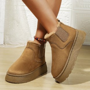 Autumn Winter Ladies Platform Snow Boots Cotton Shoes Brushed Lining round Toe Slip on Cotton Boots camel