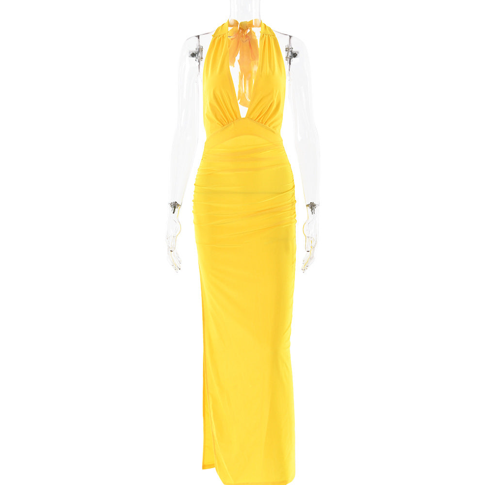 Summer Sexy V neck Halter Backless Dress Solid Color Split Dress Yellow