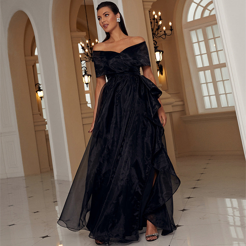 Adult Black off-the-Shoulder Low-Cut Mesh Stitching Princess Elegant High-End Evening Dress for Women Organza