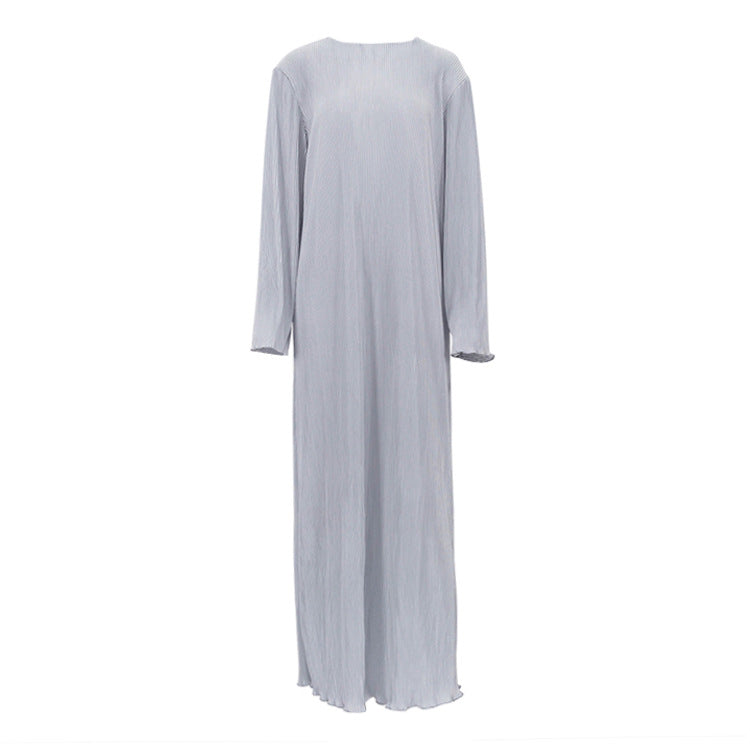 Women Clothing Dress Pleated round Neck Long Sleeve Solid Color Loose Maxi Dress Slimming Casual Gray