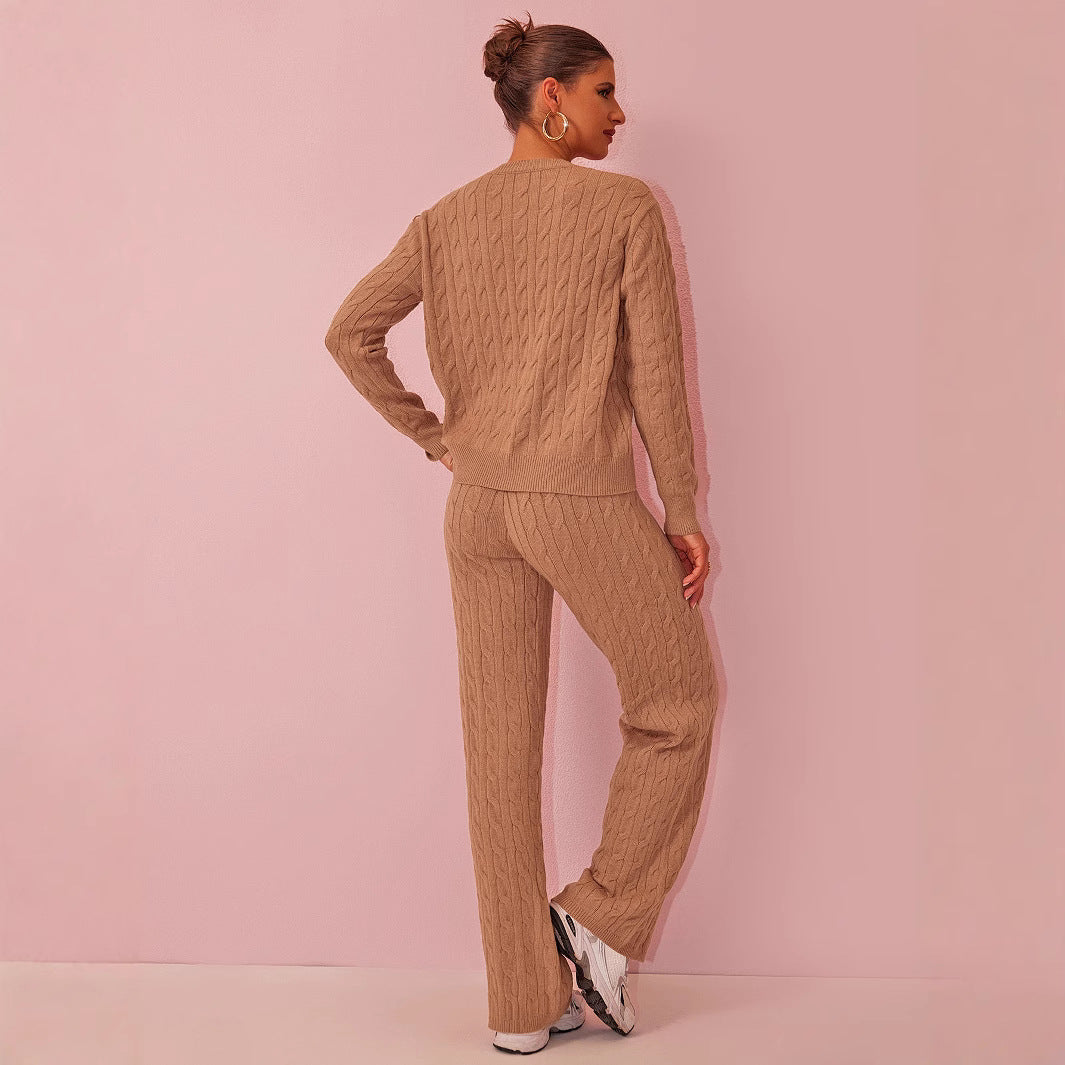 Autumn Winter Women round Neck Cable Knit Sweater Knitwear Wide Leg Pants Drape Two Piece Sets