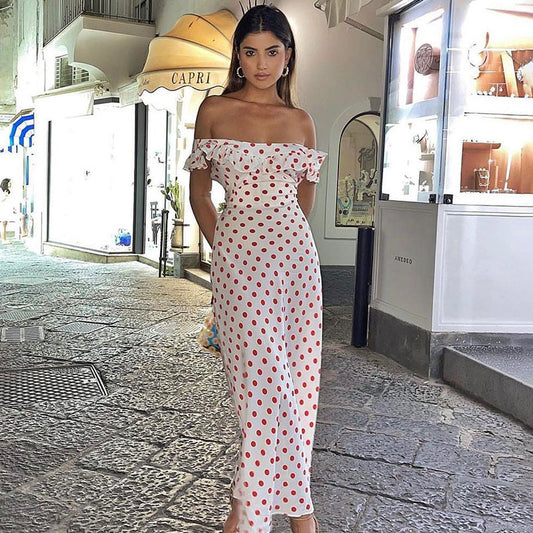 Women Clothing Spring Summer Polka Dot Printed A line Sexy Waist Trimming Ruffled Spaghetti Straps Dress