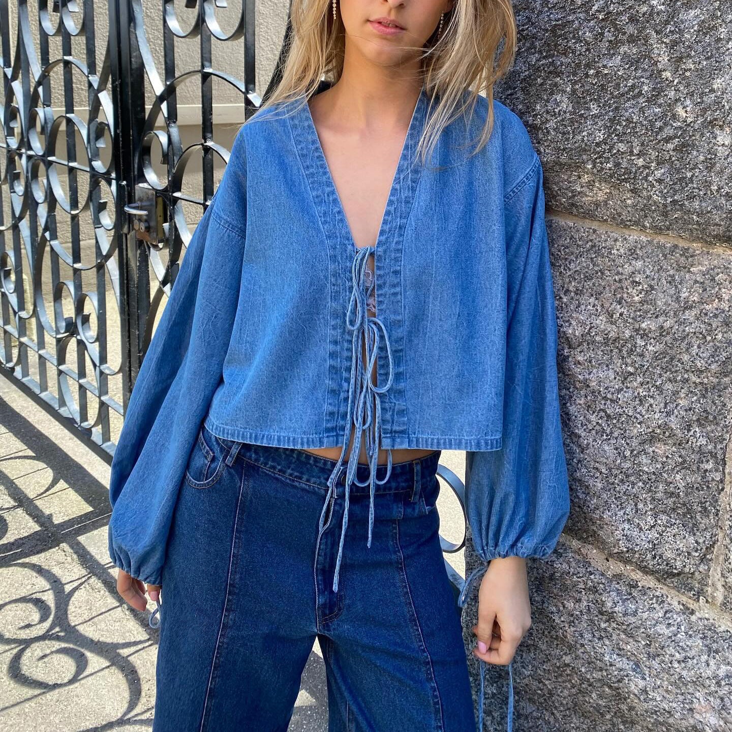 Women Jeans Cardigan Deep V Plunge Lace up Sexy Short Top Blue