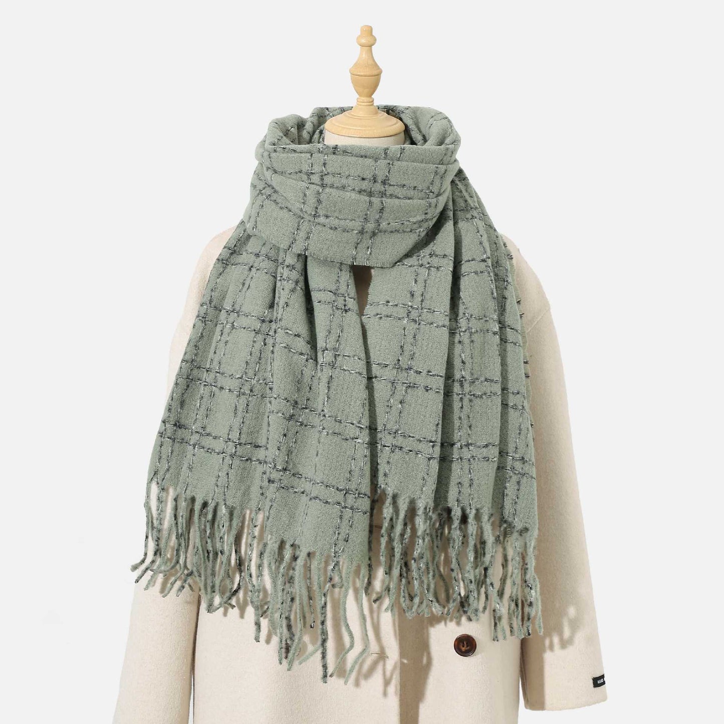 Women Color Matching Plaid Scarf Warm Thickened Winter All Matching Atmosphere Scarf One Size Gray