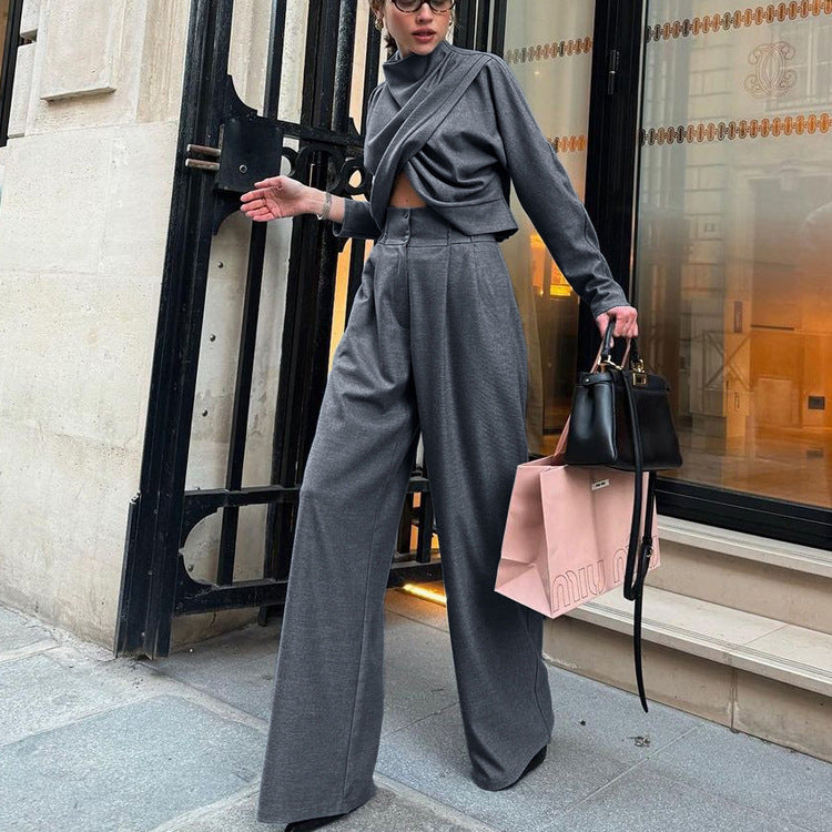 Women Spring Autumn Small Turtleneck Cross Design Long Sleeved Top Casual Wide Leg Pants Two Piece Sets