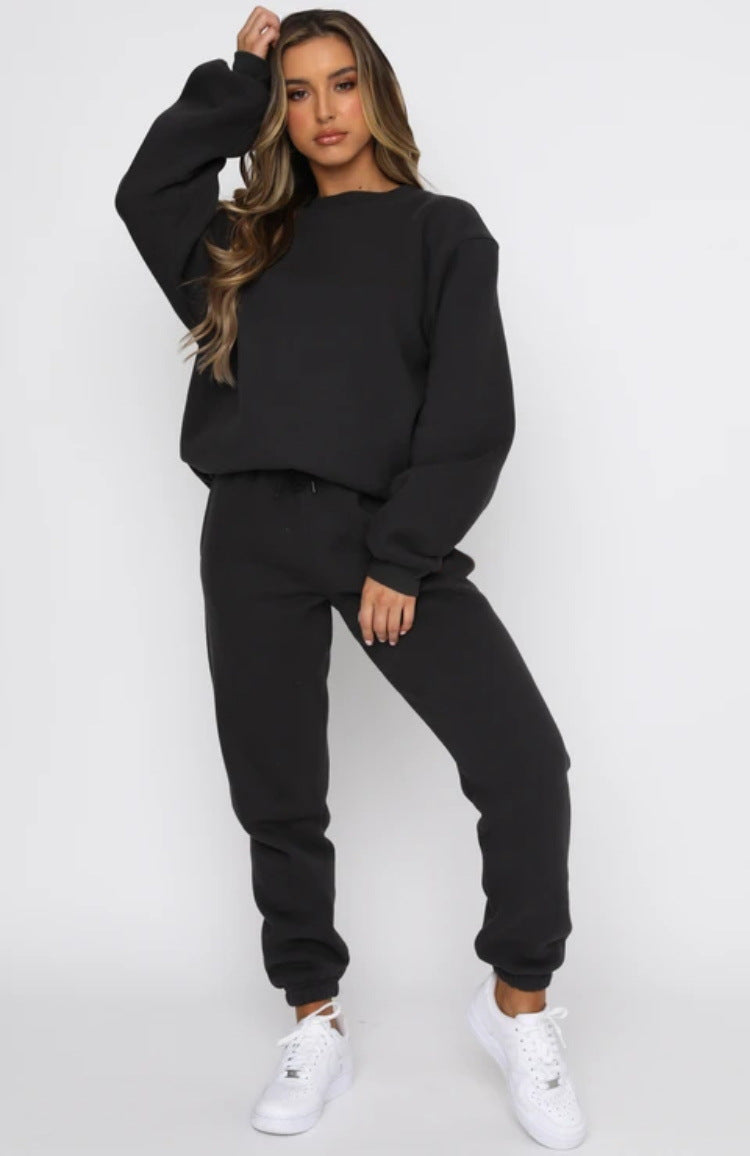 Autumn Winter Solid Color round Neck Pullover Women Casual Long Sleeve Sweater Suit Black