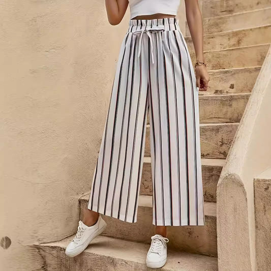 Summer Vacation Popular Women Straight Loose Slimming Casual Striped High Waist Wide Leg Pants