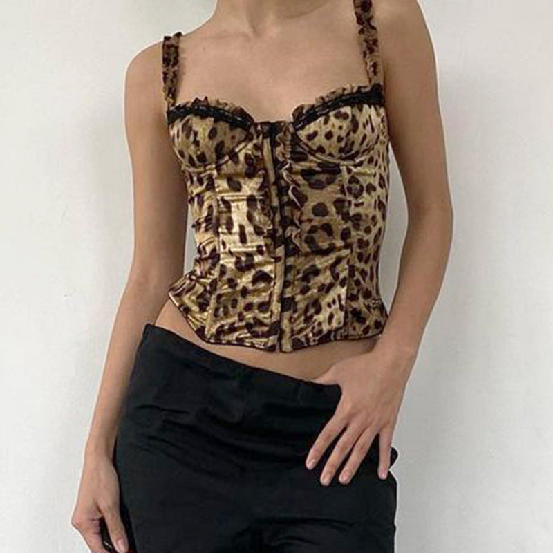 Retro Sexy Leopard Print Lace Pleated Sling Drawstring Slim Fit Top Wooden Ear Contrast Color Slim Fit All Match Vest