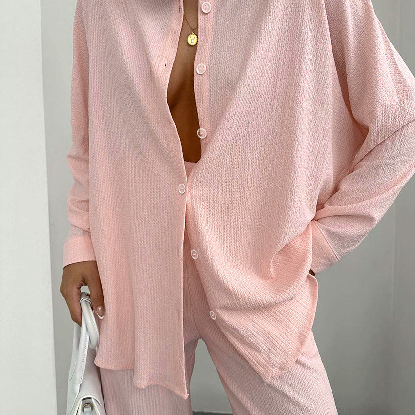 Knitted Pajamas Casual Long Sleeved Shirt Trousers Two Piece Set Pleated Home Wear for Women