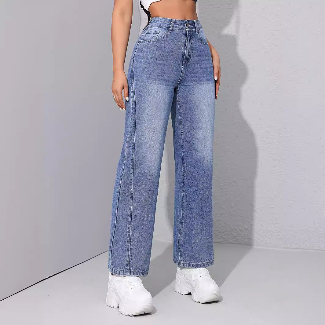 Ladies Straight Jeans Spring Summer High Waist Loose All Matching Slimming Stitching Straight Leg Pants