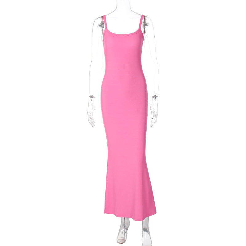 Women Clothing Spring Summer Sexy Backless Slim Fit Solid Color Strap Dress Pink