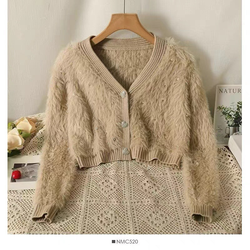 Chic Chanel Beaded Artificial Mink Fur Sweater Coat Women Loose Short V neck Knitted Cardigan One Size Khaki