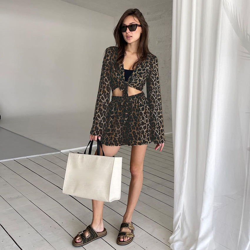 Autumn Leopard Print Pajamas Two Piece Cardigan Tied Long Sleeves Shorts Ladies Homewear