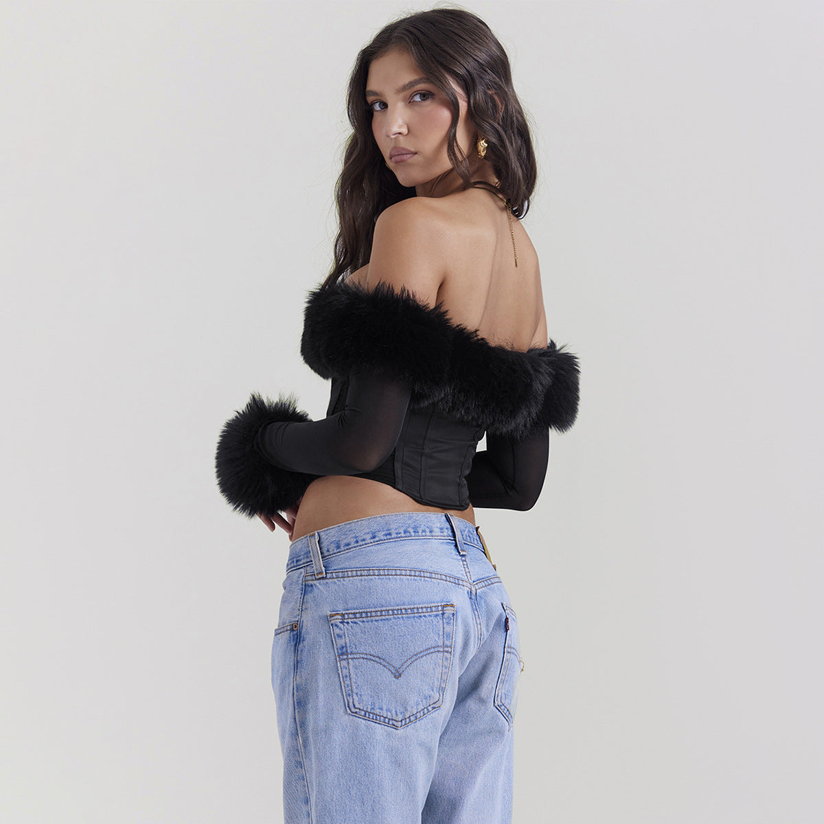 Autumn Winter Sexy Wear Fur Collar off Shoulder Boning Corset Long Sleeve Short Slim Top Women Clothing