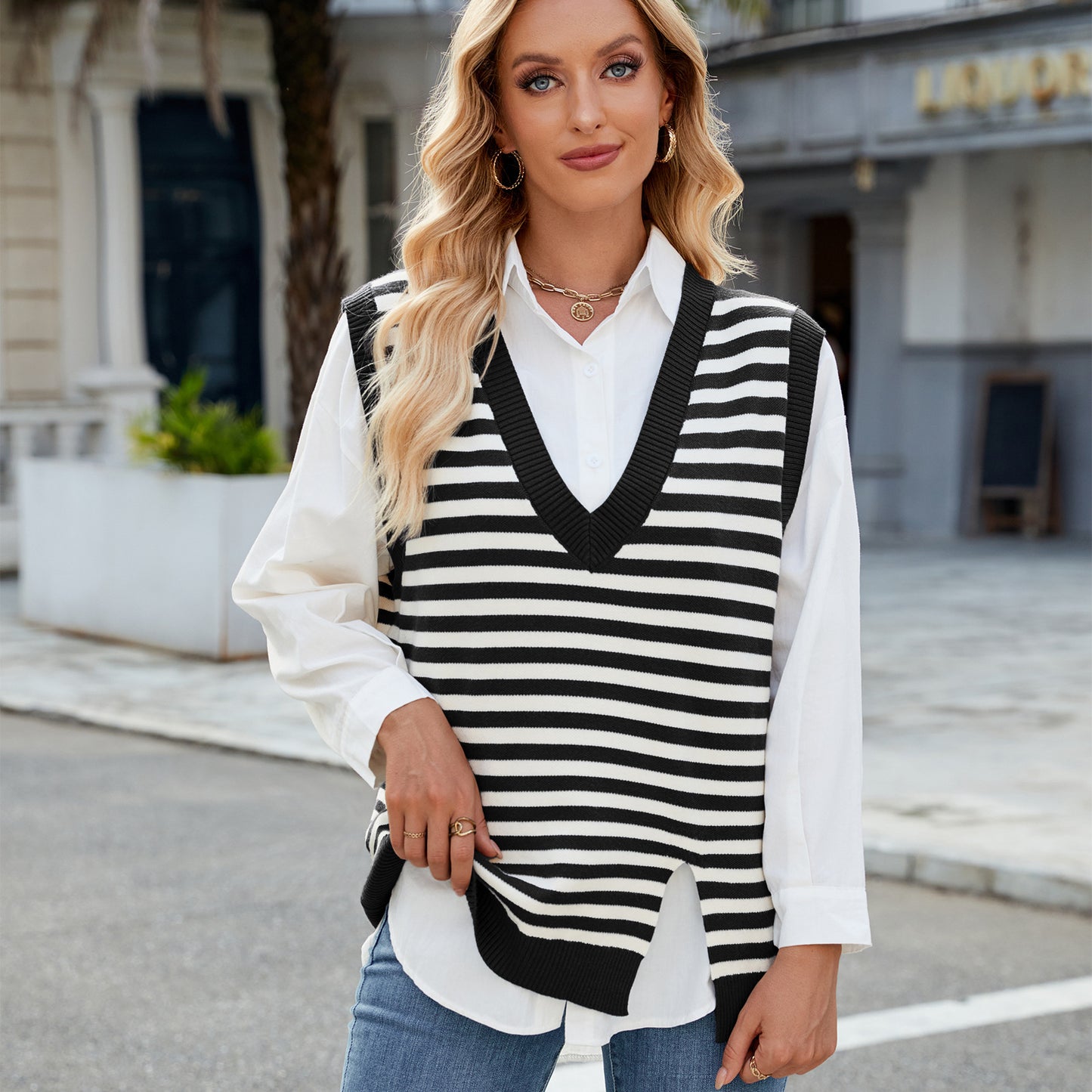 Women Clothing Casual V neck Split Sweater Waistcoat Vest