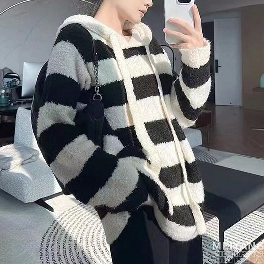 Autumn Winter Black White Striped Hooded Drawstring Knitted Pullover Women Idle Loose Casual Sweater Top