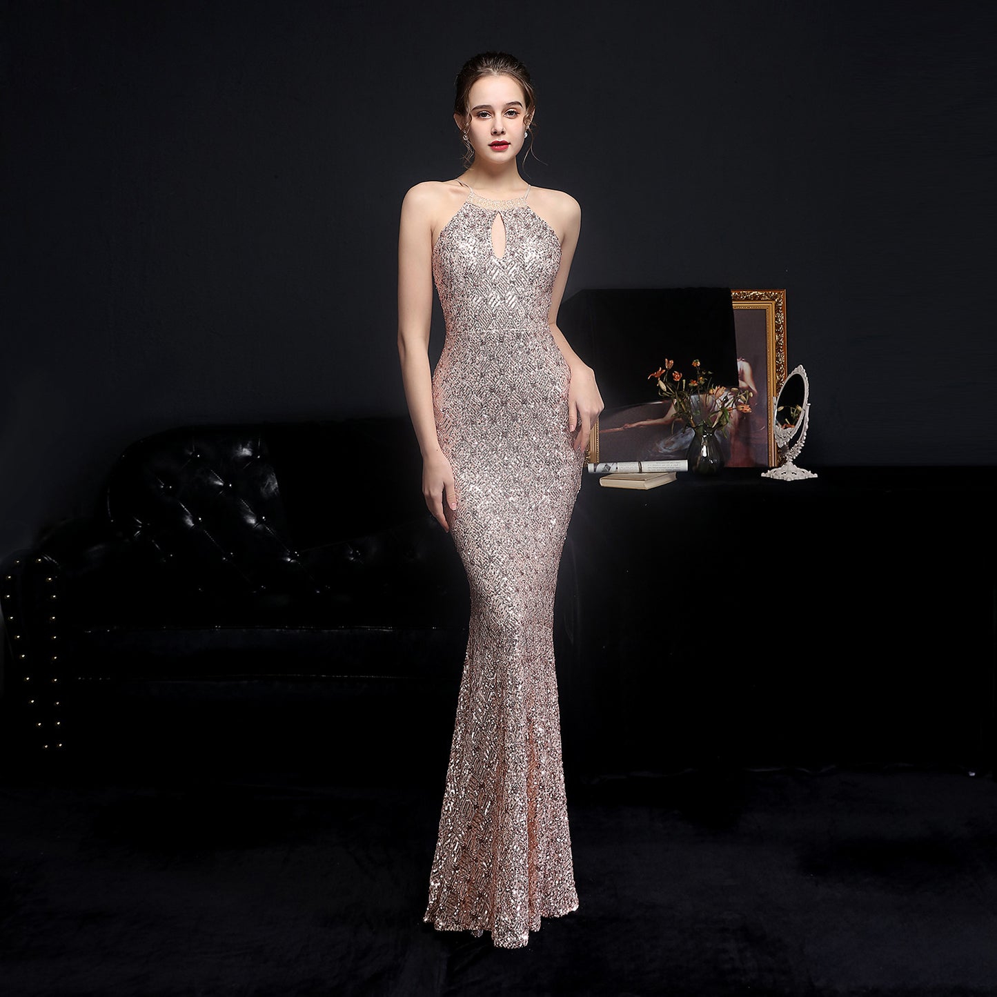 Cocktail Elegant Long Halter Set Diamond Sequined Aura Queen Fishtail Evening Dress Gold