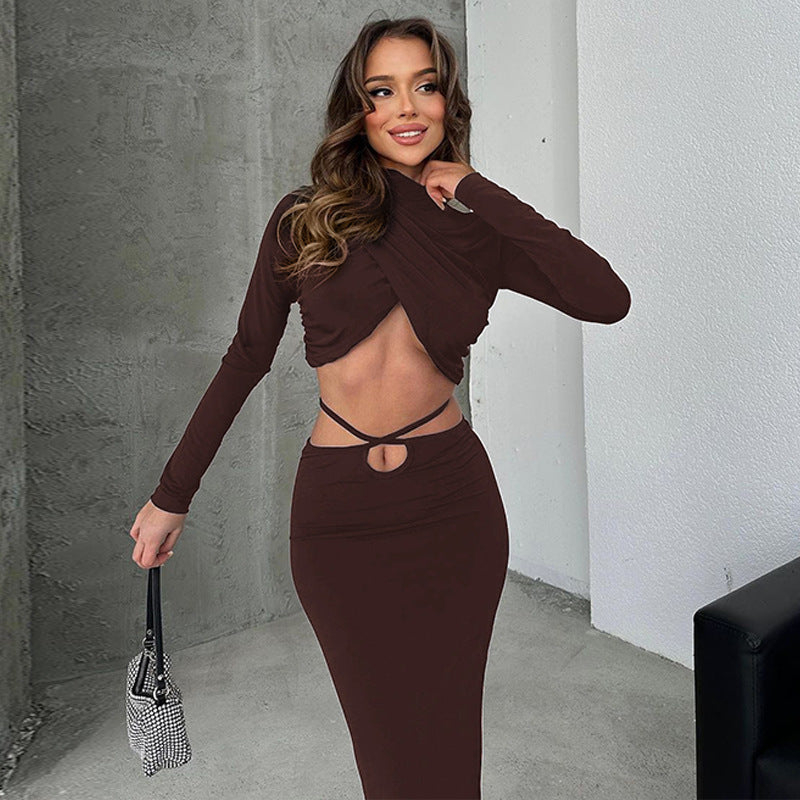 Winter Women Clothing Solid Color Long Sleeved Top Slim Fit Tied Sexy Cropped Skirt Set Women