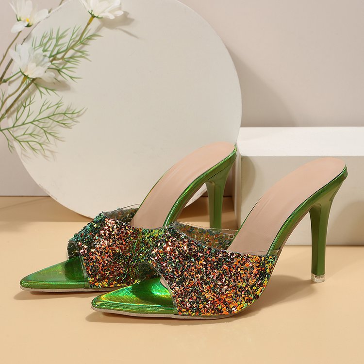 Sequined Pointed High Heel Toe Baring Sandal Women Sexy Stiletto Heel Sandals Green