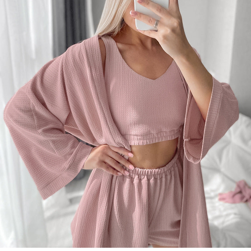 Autumn Pink Breathable Knitted Pajamas Three Piece Cardigan Sleeveless Shorts Ladies Homewear