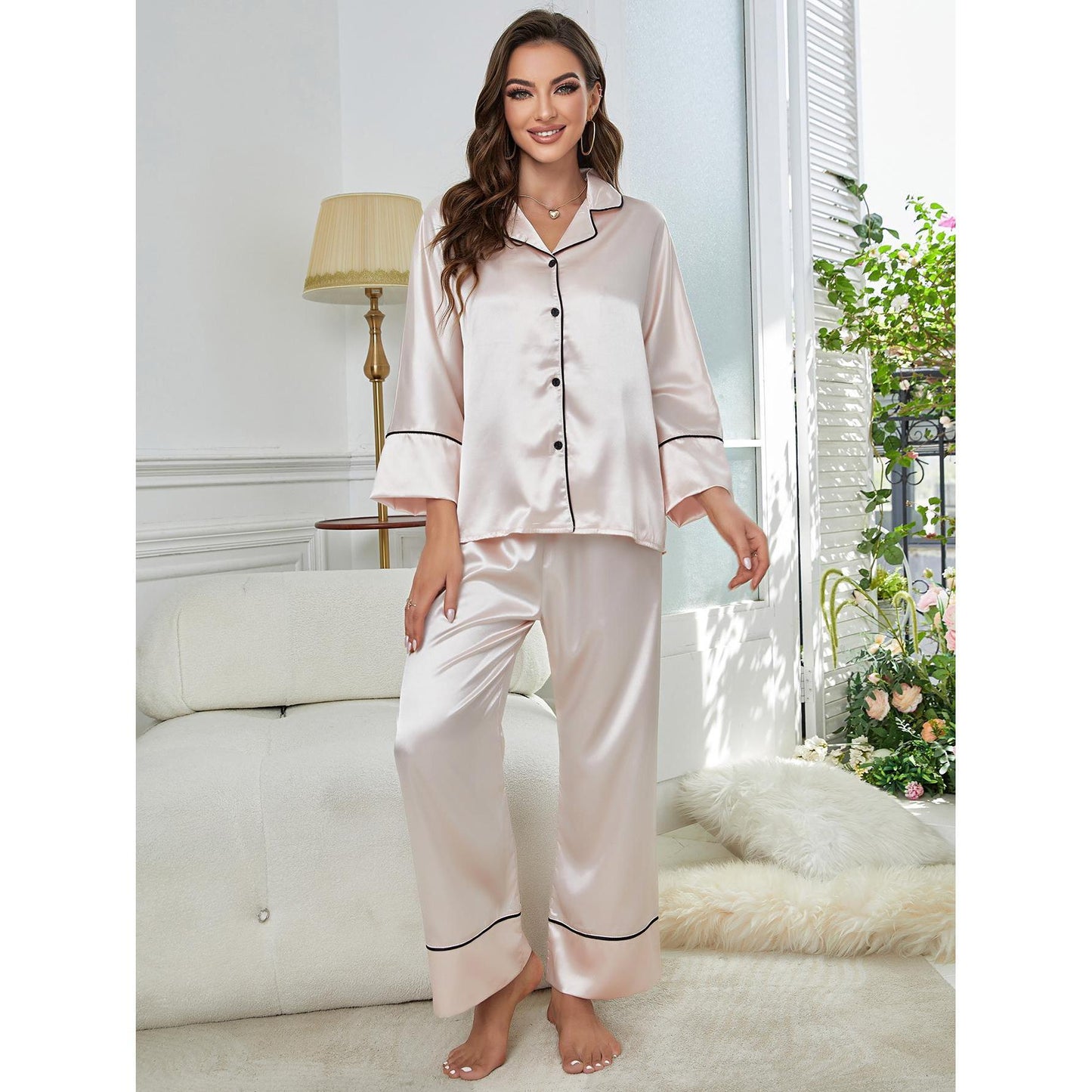 Women Autumn Winter Long Sleeved Pajama Pants Home Wear Set Outside