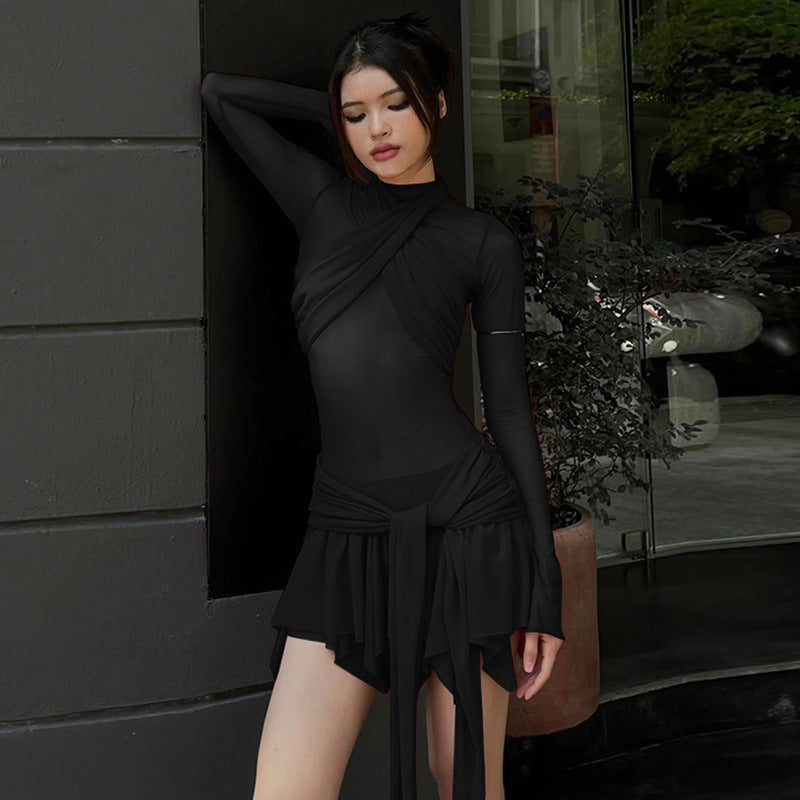 Women Clothing Autumn Winter Sexy Mesh Perspective Half Turtleneck Halter Strap Dress