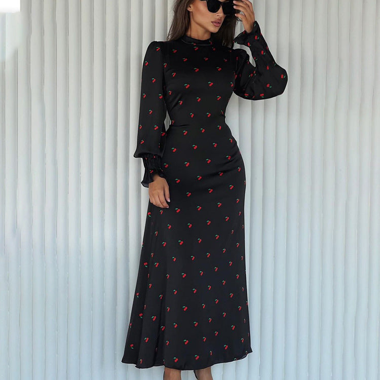 Women Printed round Neck Long Sleeved Dress Autumn Waist Controlled Drape Satin Dress