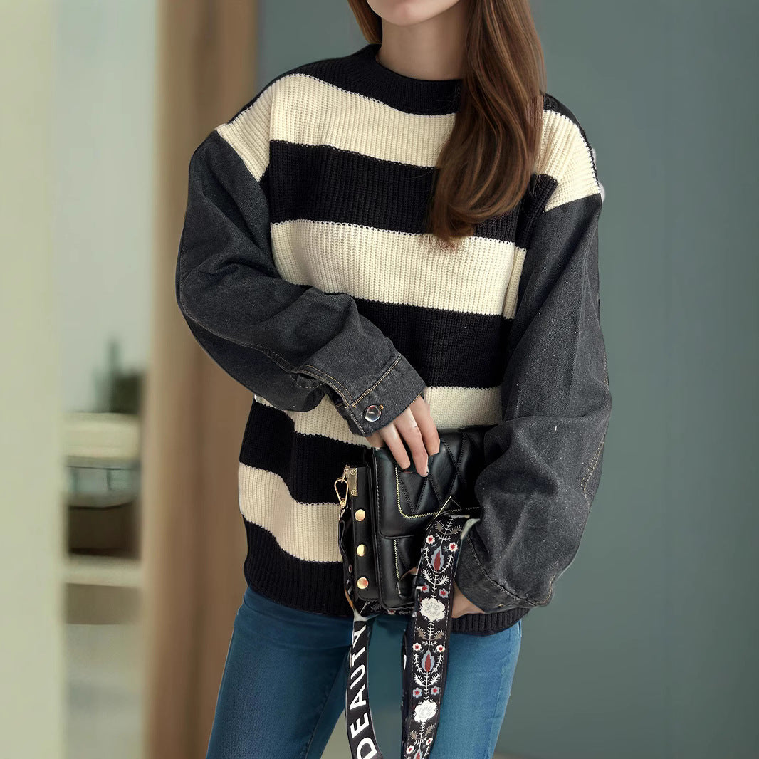 Denim Sleeve Splicing Knitwear Top Autumn Winter Office Striped Contrast Color Sweater Women