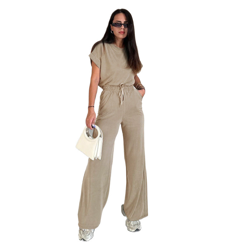 Spring Summer Solid Color Round Neck Short Sleeve Women Top Casual High Waist Wide Leg Pants Suit Khaki