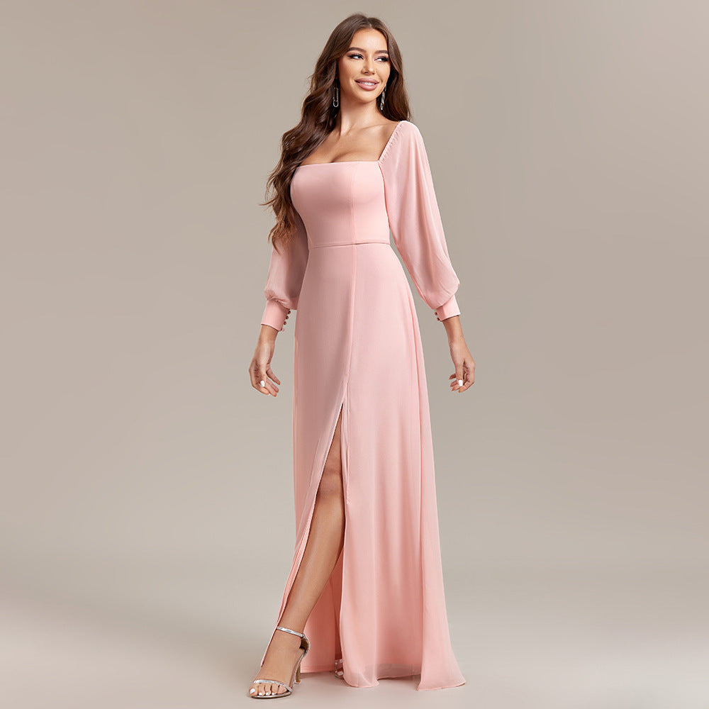 Women Multiple Wear Elegant Tube Top Elastic Long Sleeve Back Zipper High Slit Formal Dress A line Chiffon Dress Pink