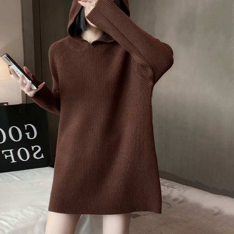 Hooded Sweater Women Coat Autumn Winter Loose Solid Color Casual Pullover Sweater Women One Size Coffee