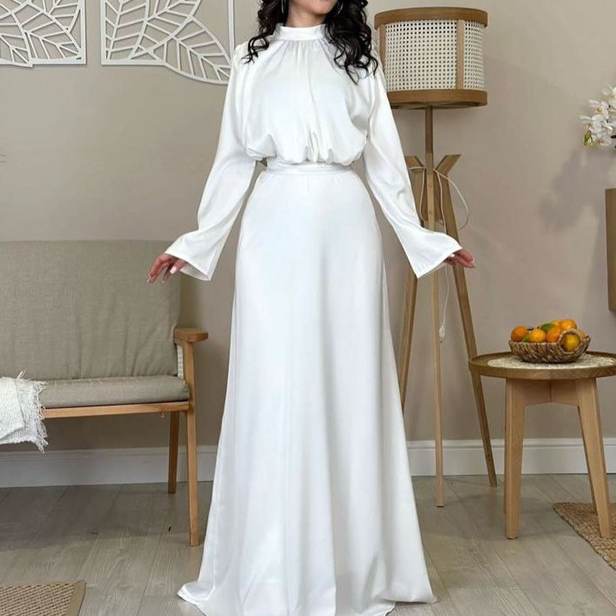 Satin Half Turtleneck Lace Up Long Sleeve High Waist Dress White