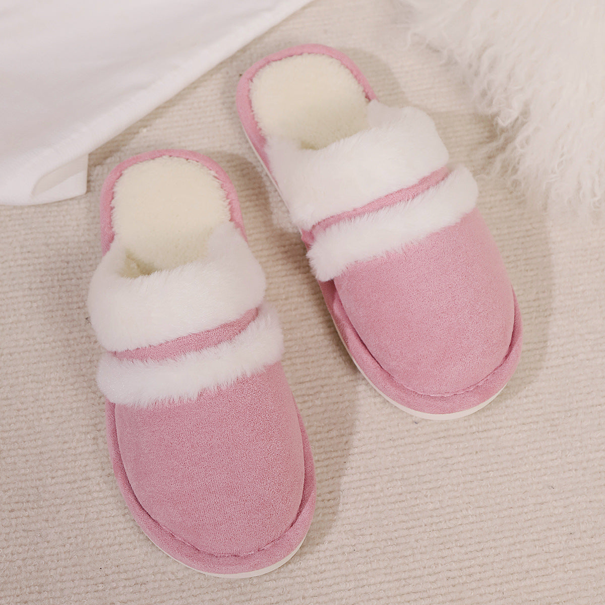 Fluffy Slippers Autumn Winter Warm Slugged Bottom Home Thickened Fleece Slippers Home Indoor Cotton Slippers Rabbit Fur Stitching Pink