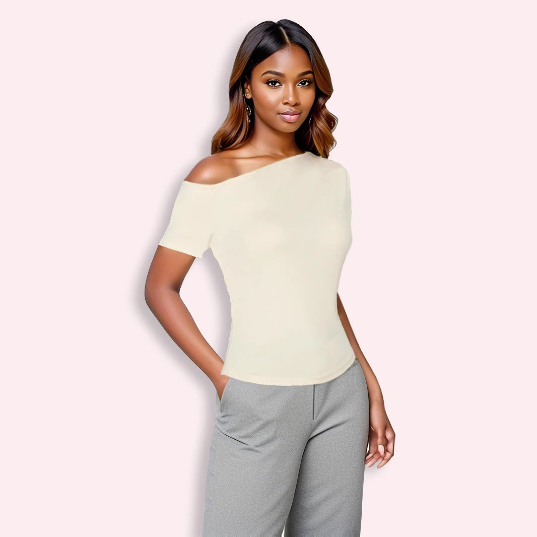 Arrival Solid Color Women Diagonal Collar Sexy Slim off Shoulder Top