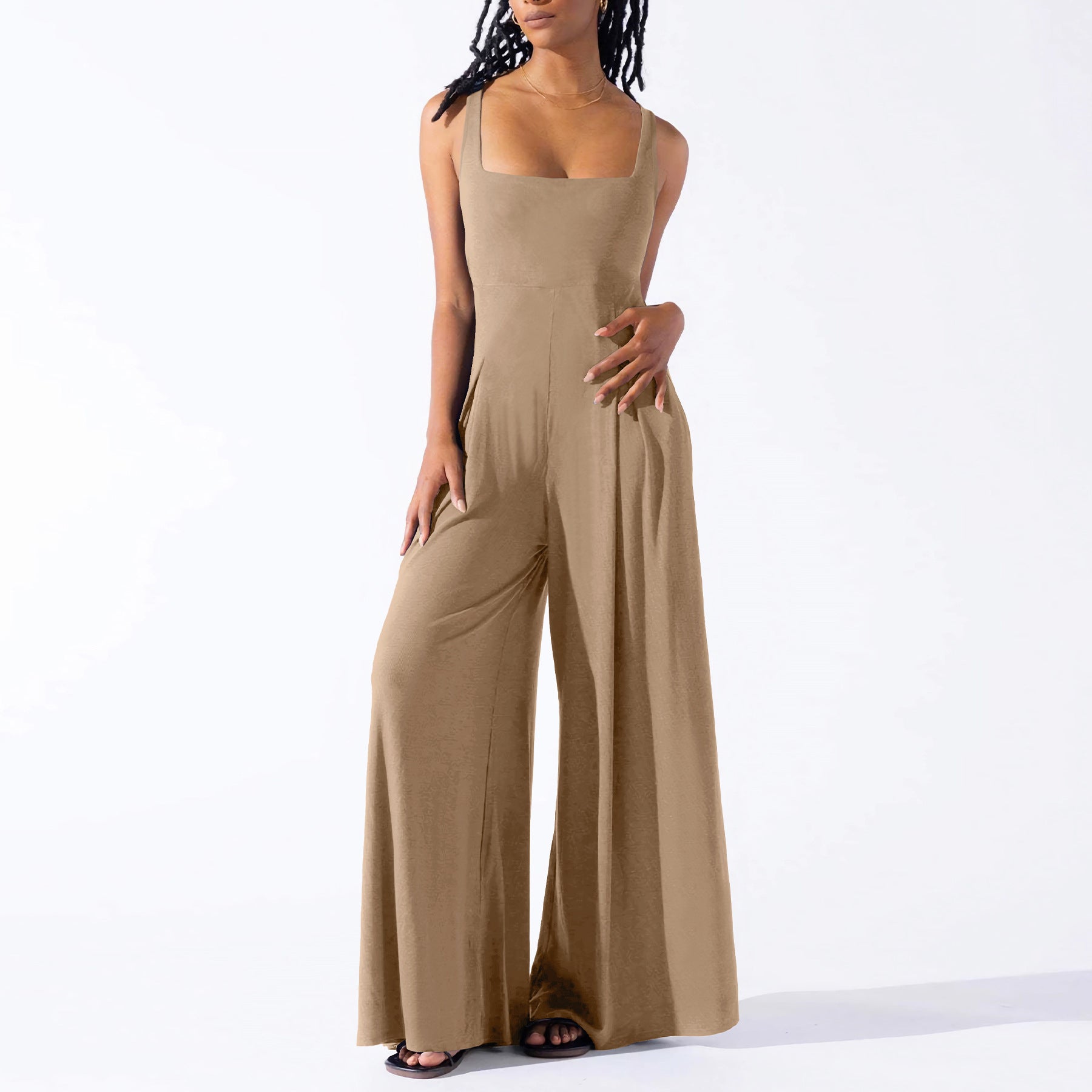 Casual Knitted Sexy Sling Wide Leg Jumpsuit Summer Women Clothing Brown