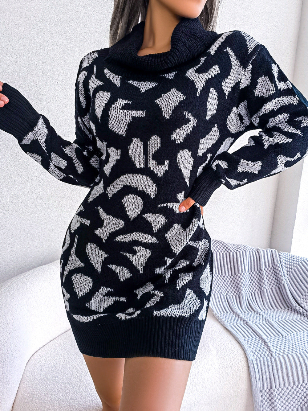 Autumn Winter Street Turtleneck Leopard Print Long Sleeve Base Sweater Dress Women Clothing Black