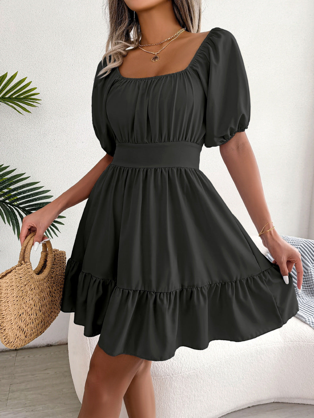 Spring Summer New Casual Square Collar Backless Tied Lotus Leaf Large Swing Dress Women Clothing Tiered Dress Black