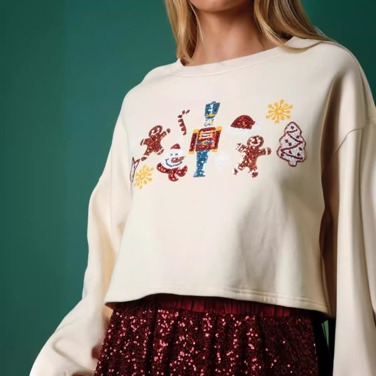 Autumn Winter Christmas Sequined Decorative Top Casual Long Sleeve Short Sweater for Women