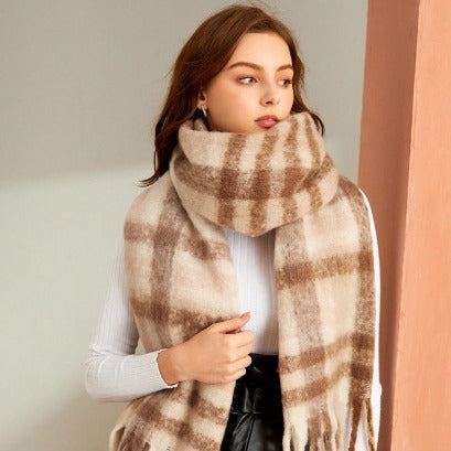 Plaid Scarf for Women Autumn Winter Thickened Warm All Matching Tassel Fashionable Scarf