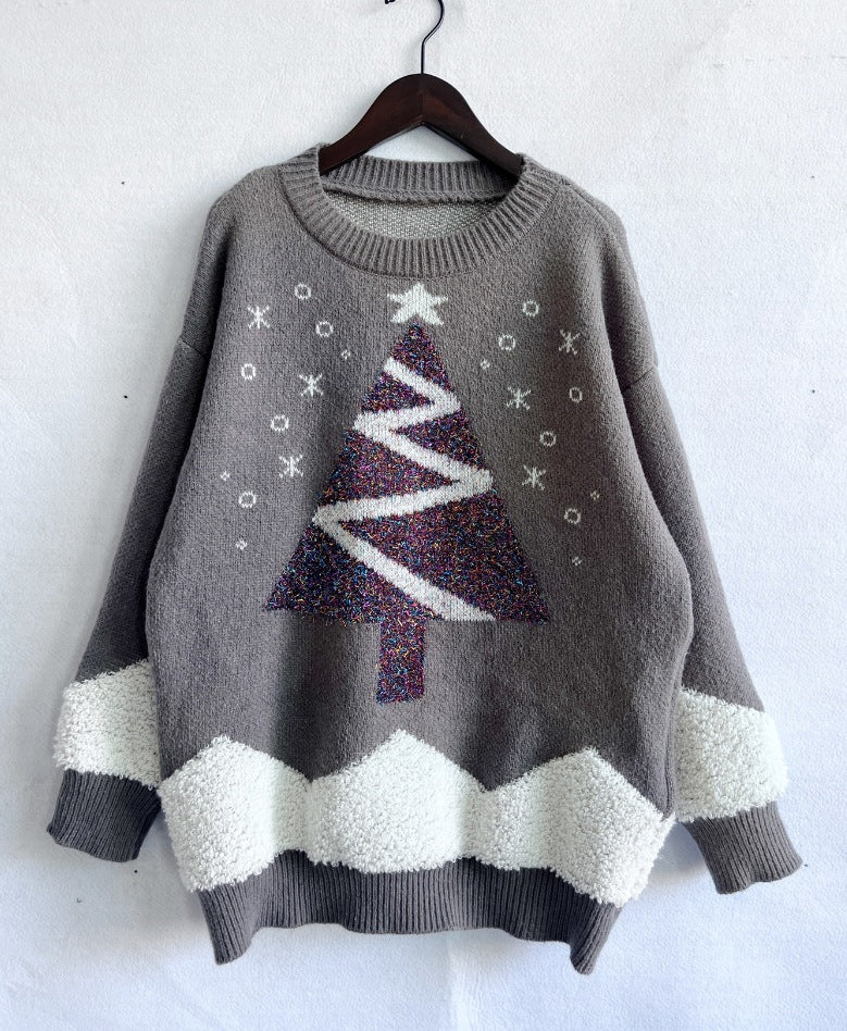 Autumn Winter Christmas Sweater Christmas Tree Gold Line Flocking round Neck Long Sleeve Loose Knitted Pullover Gray