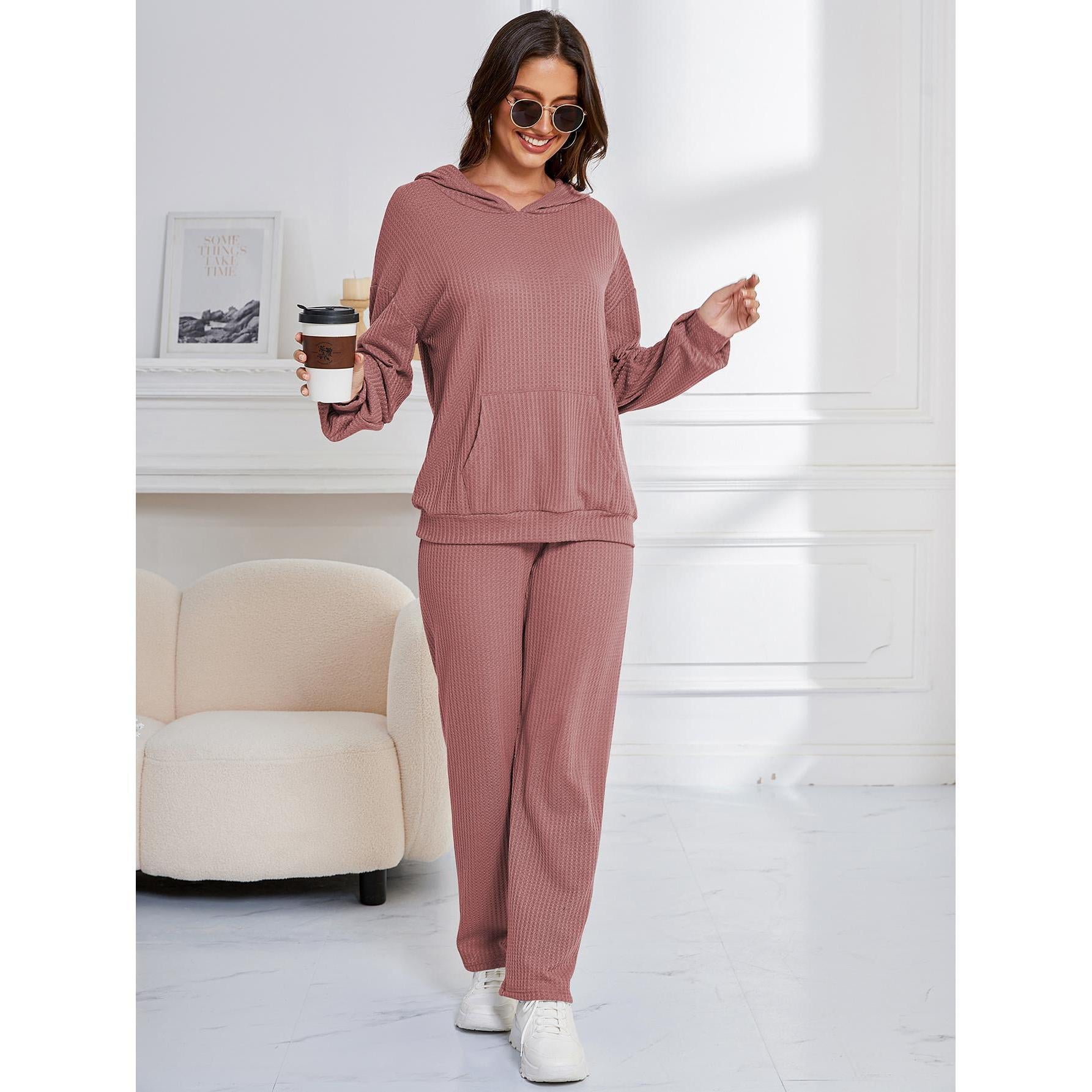 Hooded Casual Suit Women Pajamas Waffle Loose Long Sleeved Trousers Two Piece Home Wear DeepPink